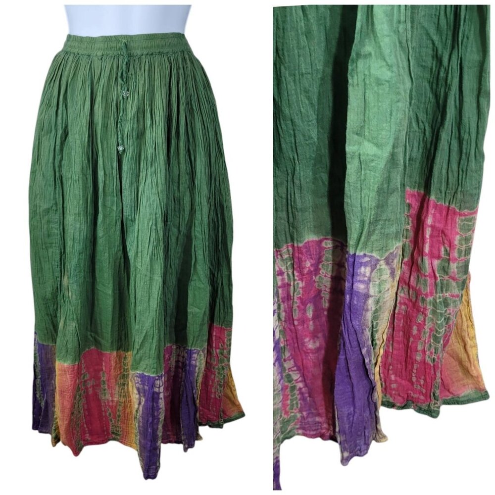 Vtg Flare Midi Skirt One Size Small Medium Large XL Pull On Boho TieDye Gauze